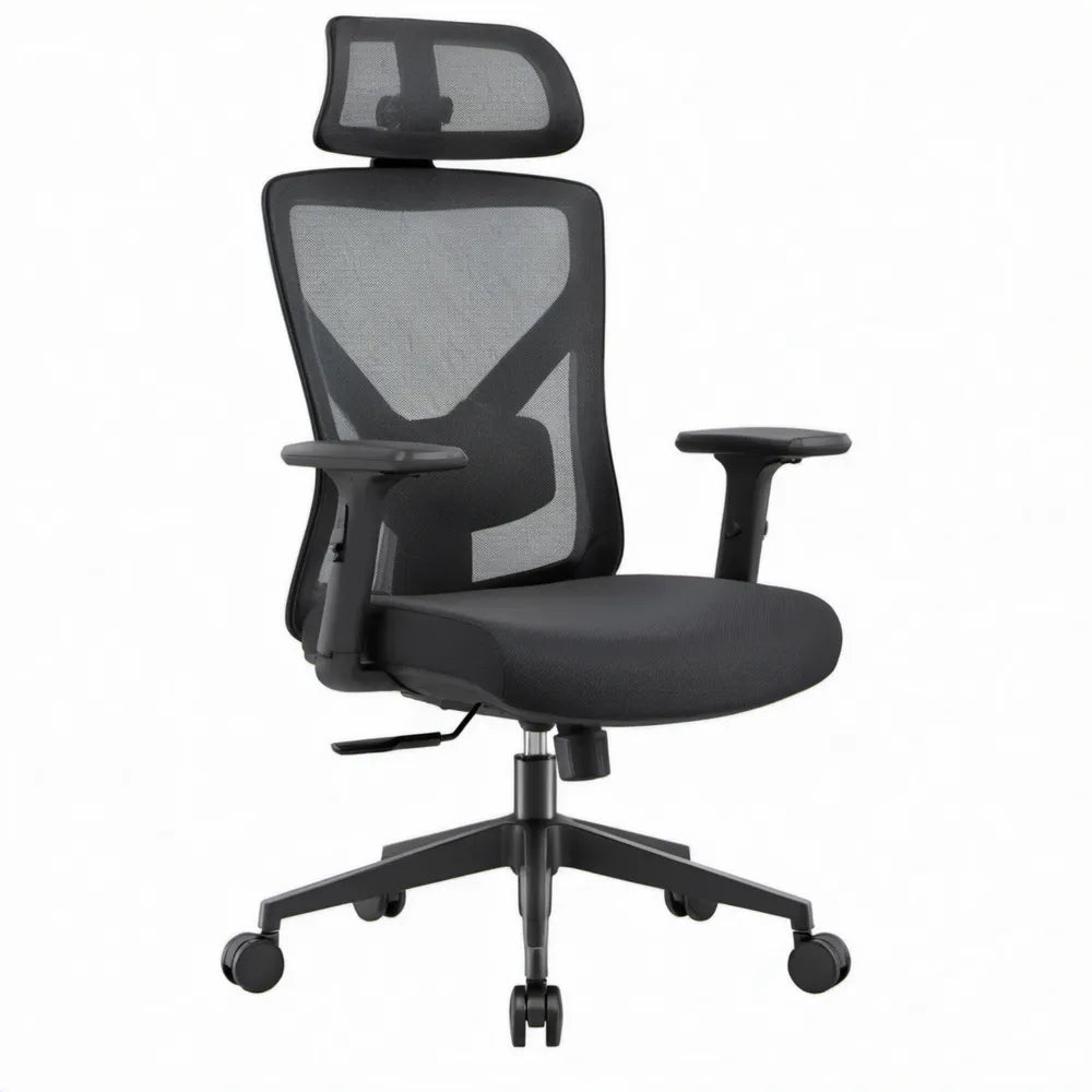 Ergonomische zwarte bureaustoel met hoofdsteun en armleuningen, 62 x 62 x 116-126 cm