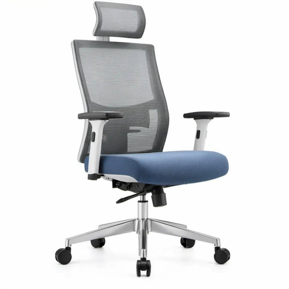 Ergonomische bureaustoel met hoofdsteun en wielen, 66 x 66 x 116-126 cm, blauw/grijs/wit/zwart