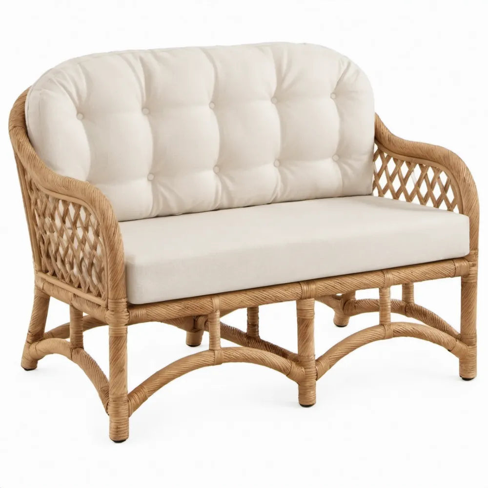 Rotan tweezitsbank met gebroken witte kussens, natuurlijk lichtbruin, 120 x 70 x 85 cm