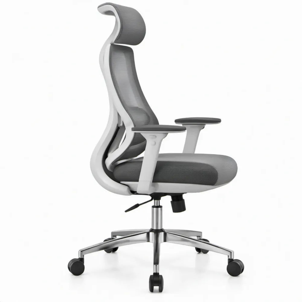 Ergonomische bureaustoel met hoofdsteun en armleuningen, grijs/wit, 66 x 66 x 118-128 cm
