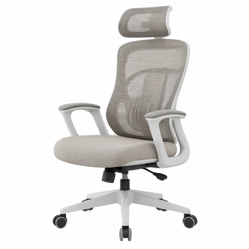 Ergonomische bureaustoel met hoofdsteun en wielen, lichtgrijs/wit/zwart, 66 x 63 x 116-126 cm