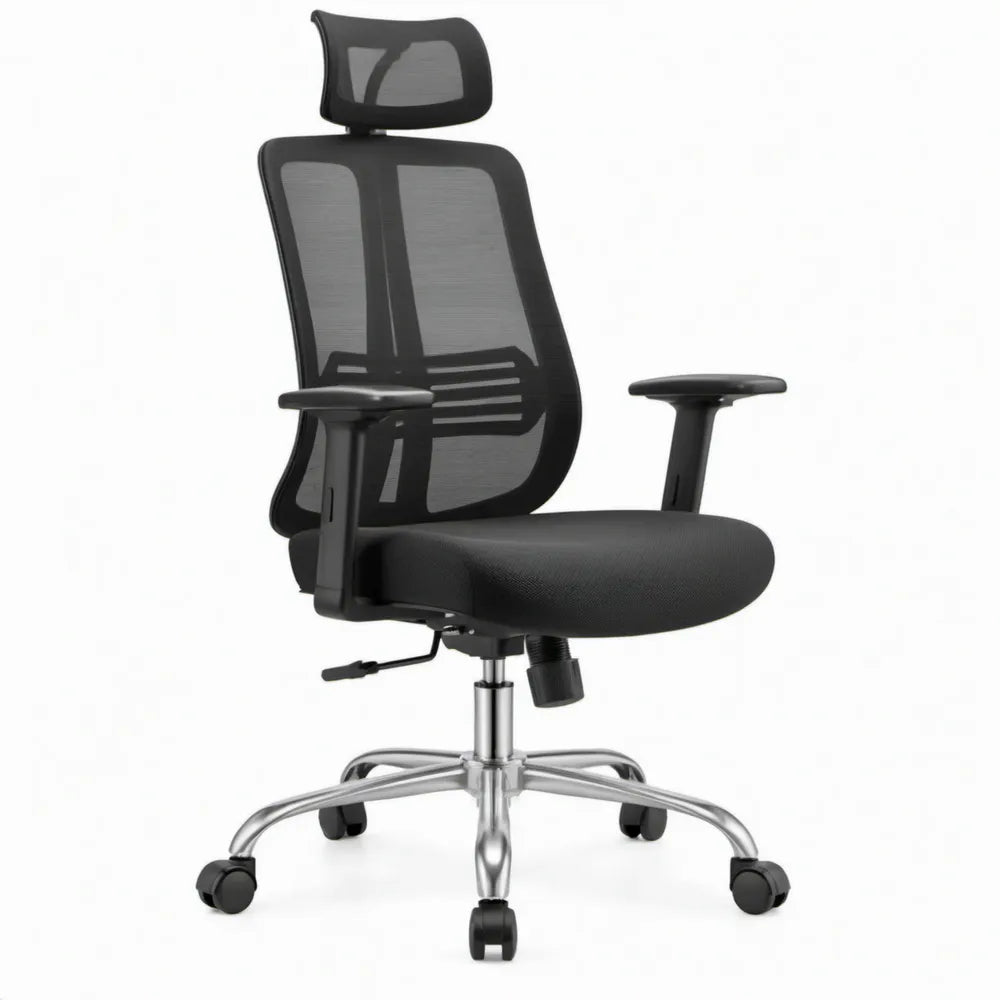 Ergonomische Bureaustoel met Hoofdsteun en Verstelbare Armleuningen, Zwart/Zilver, 64 x 64 x 116-126 cm