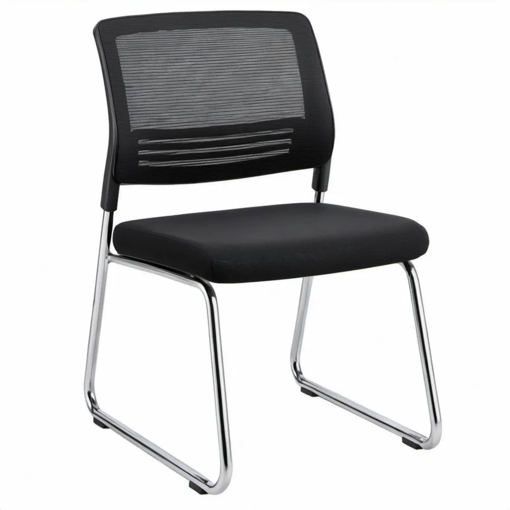 Zwarte vergaderstoel met sledeframe, mesh rugleuning en verchroomd staal, 54 x 58 x 85 cm