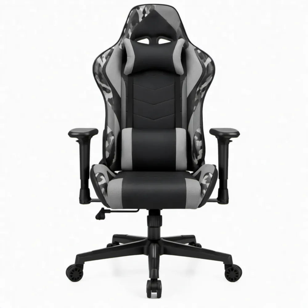 Verstelbare gamingstoel met hoofd- en lendenkussen, zwart/grijs camouflage, 66 x 65 x 124-134 cm