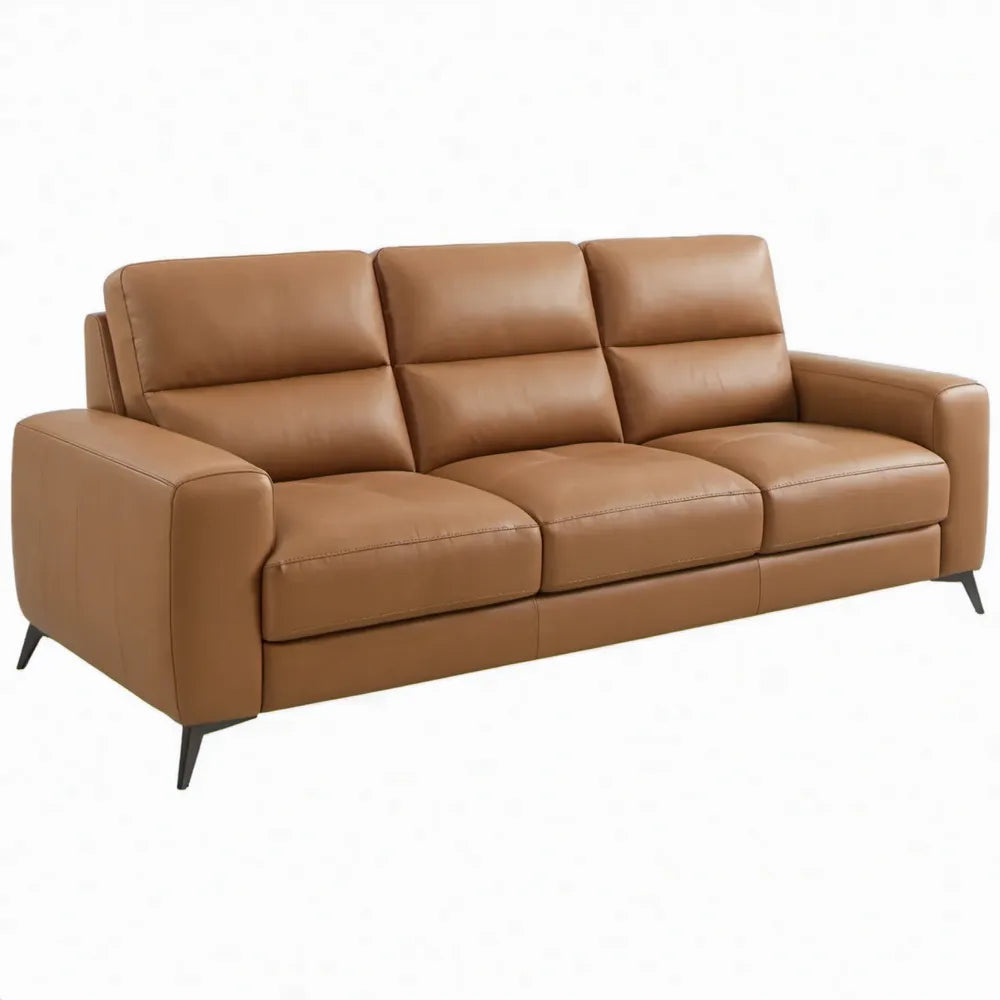 Driezitsbank 210 x 92 x 88 cm in cognackleurig PU-kunstleer met zwarte stalen poten