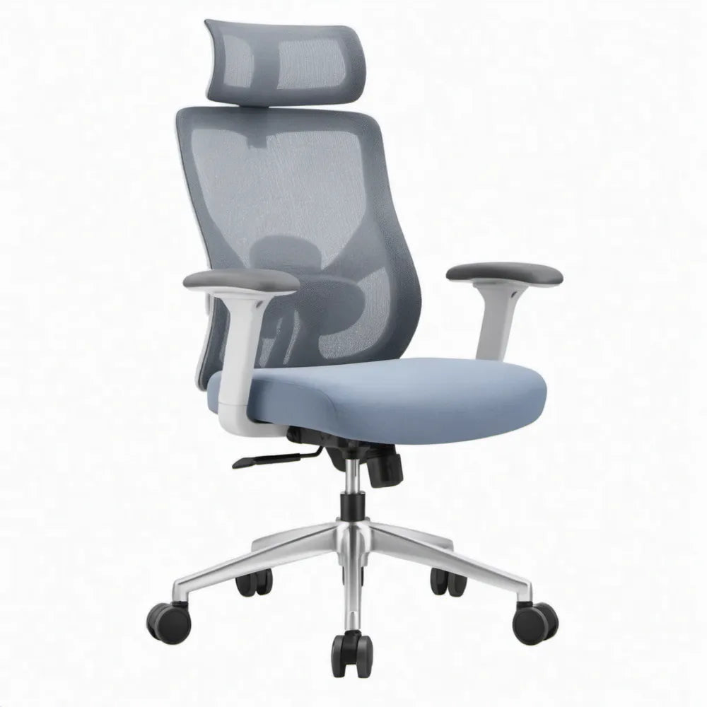 Ergonomische bureaustoel met verstelbare hoofdsteun en lendensteun 64 x 64 x 118-128 cm Grijsblauw/Zwart/Zilverkleurig