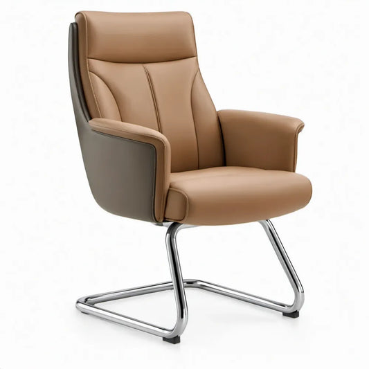 Bruine PU-leren vergaderstoel met armleuningen en verchroomd sledeframe, 68 x 73 x 108 cm