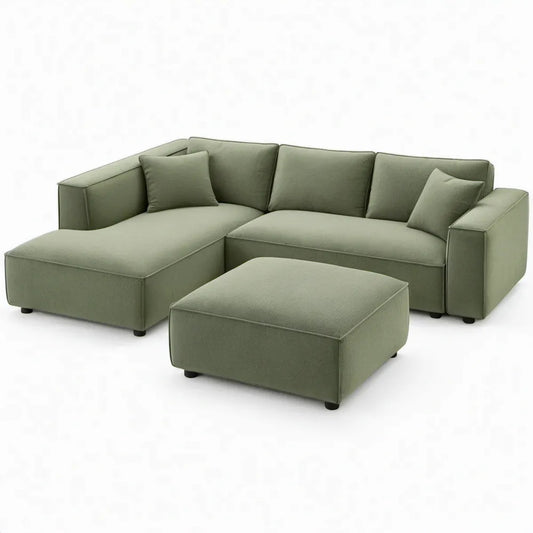 Olijfgroene hoekbank met linker chaise longue en hocker, 260 x 160 x 85 cm