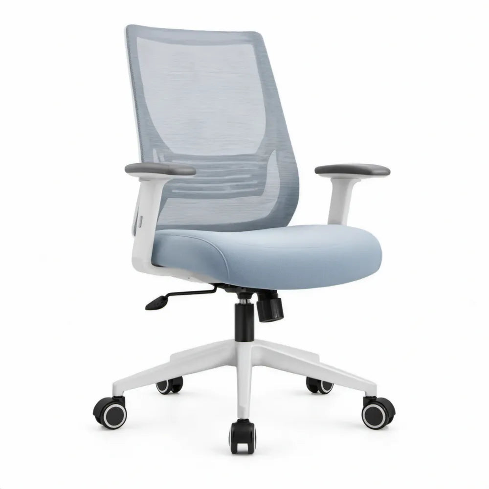 Ergonomische bureaustoel met ademende netrug, armleuningen en wielen, lichtblauw/wit, 62 x 62 x 112-122 cm