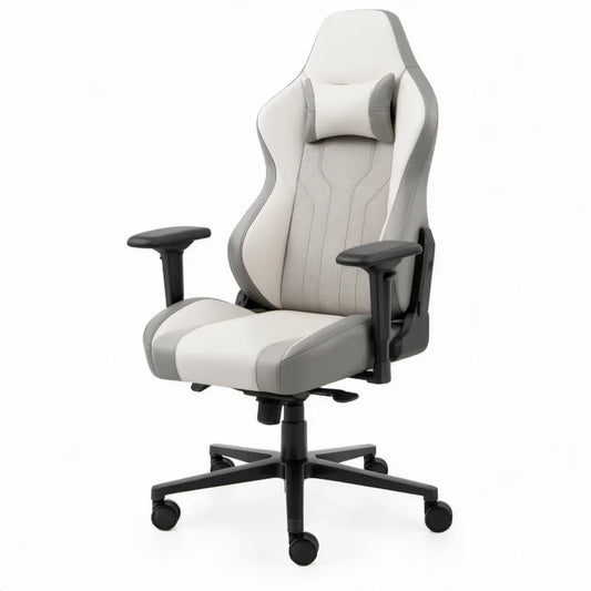 Ergonomische stoel met verstelbare armleuningen, hoofdsteunkussen en wielen, Wit/Grijs/Zwart, 68 x 68 x 123-133 cm