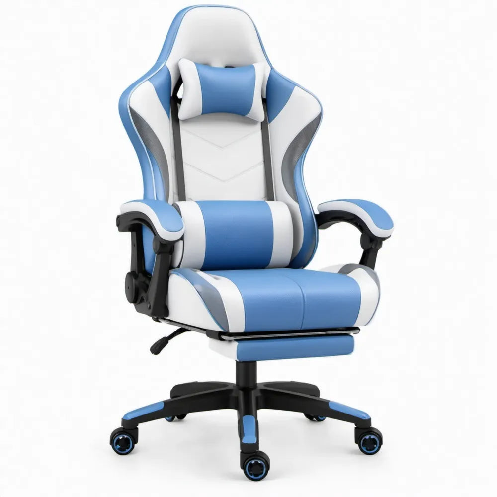 Verstelbare gamestoel met hoge rugleuning van PU-kunstleer, blauw/wit, 66 x 70 x 122-132 cm