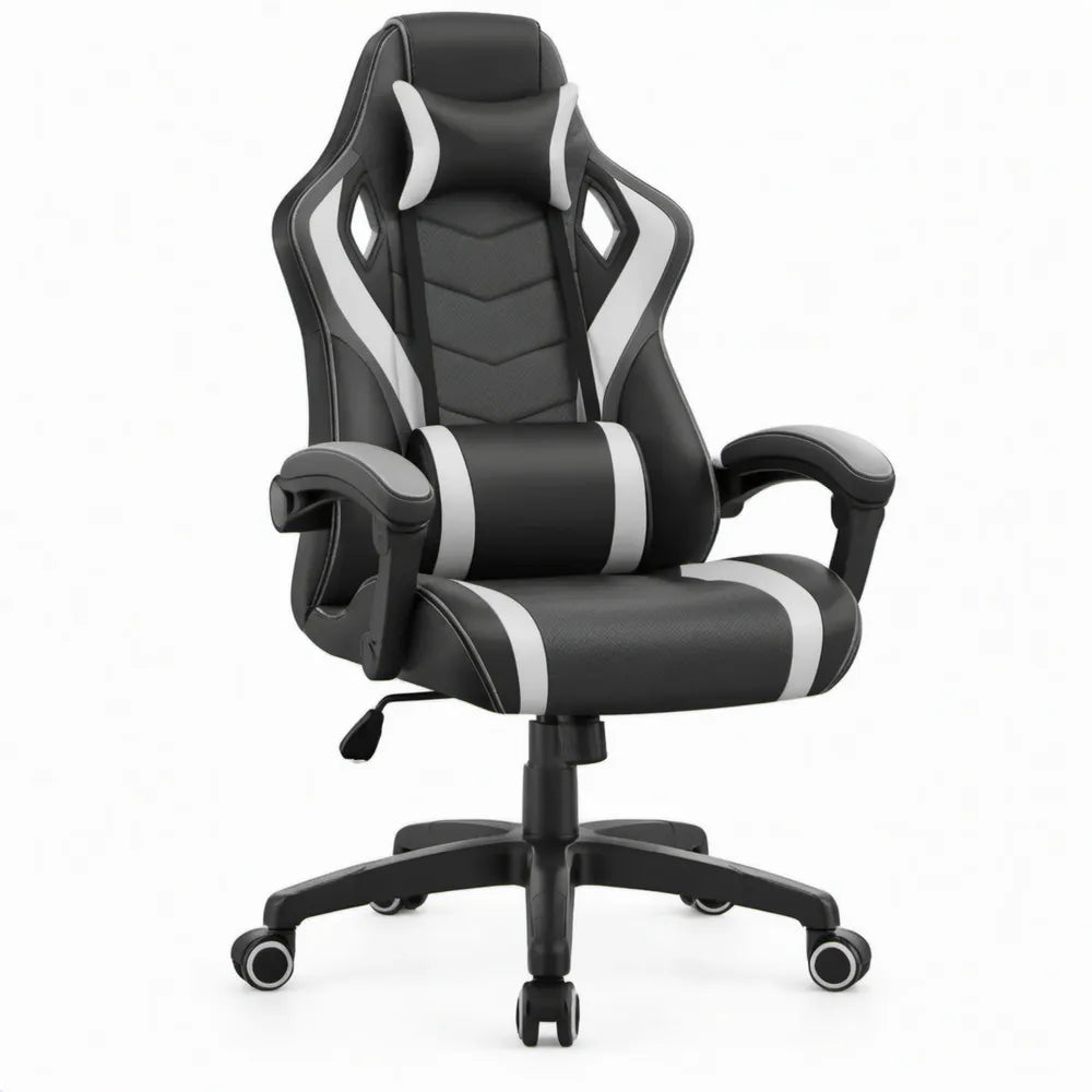 Gaming-bureaustoel met verstelbare zithoogte en kussens, zwart/wit, 64 x 64 x 119-129 cm