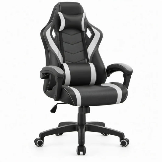 Gaming-bureaustoel met verstelbare zithoogte en kussens, zwart/wit, 64 x 64 x 119-129 cm