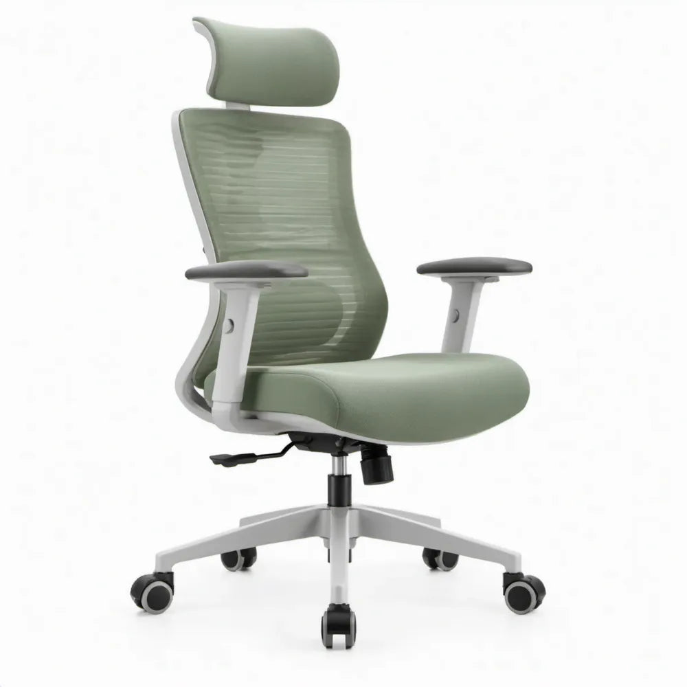 Ergonomische bureaustoel met hoofdsteun en wielen, saliegroen/wit/zwart, 66 x 66 x 116-126 cm