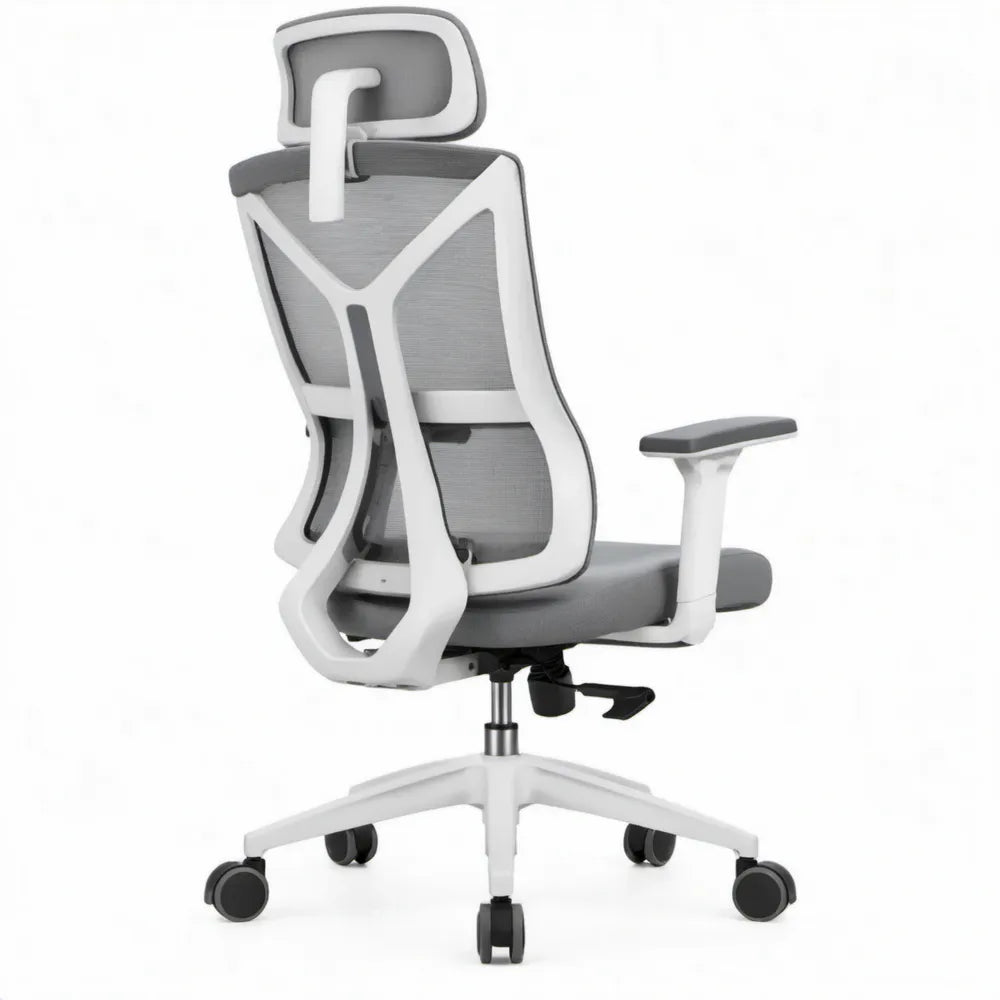 Ergonomische bureaustoel met verstelbare hoofdsteun en armleuningen, grijs/wit/zwart, 65 x 65 x 118-128 cm