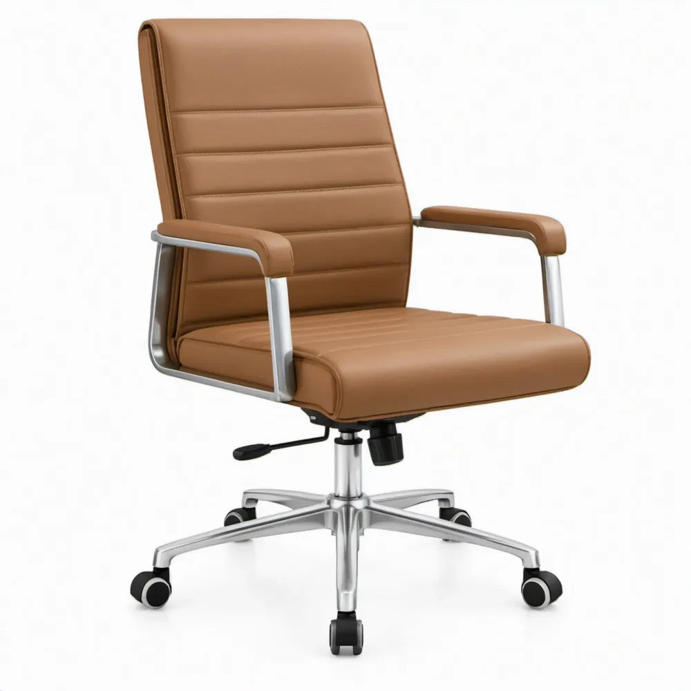 Bureaustoel met hoge rugleuning en vaste armleuningen, camelbruin PU-kunstleer, 62 x 62 x 110-120 cm