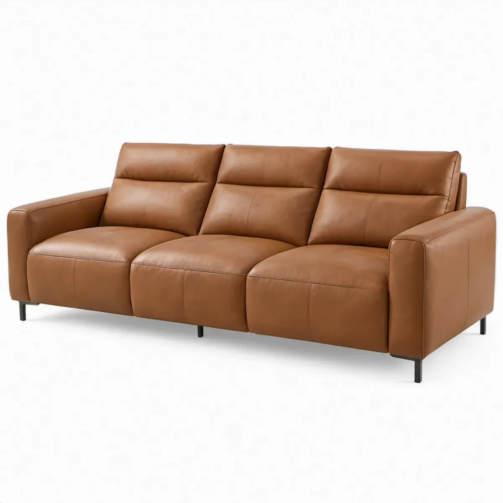 Cognacbruine 3-zitsbank van PU-kunstleer met zwarte poten, 220 x 95 x 88 cm