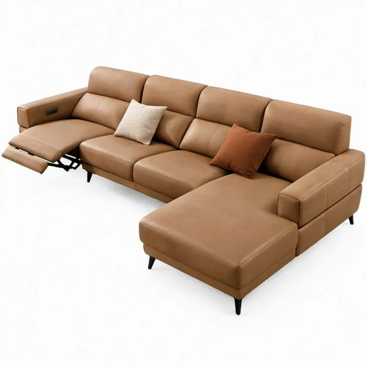 Cognacbruine L-vormige relaxbank met rechter chaise longue, 300 x 170 x 95 cm