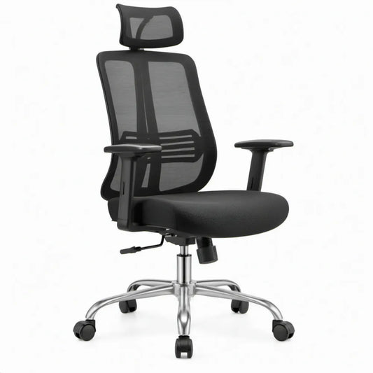 Ergonomische Bureaustoel met Hoofdsteun en Verstelbare Armleuningen, Zwart/Zilver, 64 x 64 x 116-126 cm