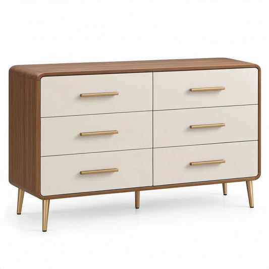 Ladekast met 6 lades, 140 x 45 x 80 cm, walnootkleurig/crème/goudkleurig