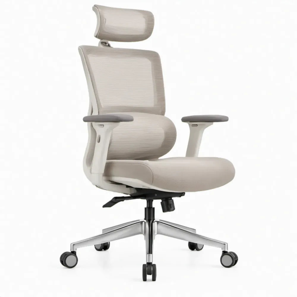 Ergonomische bureaustoel met verstelbare hoofdsteun, armleuningen en wielen – Beige/Grijs – 68 x 68 x 118-128 cm