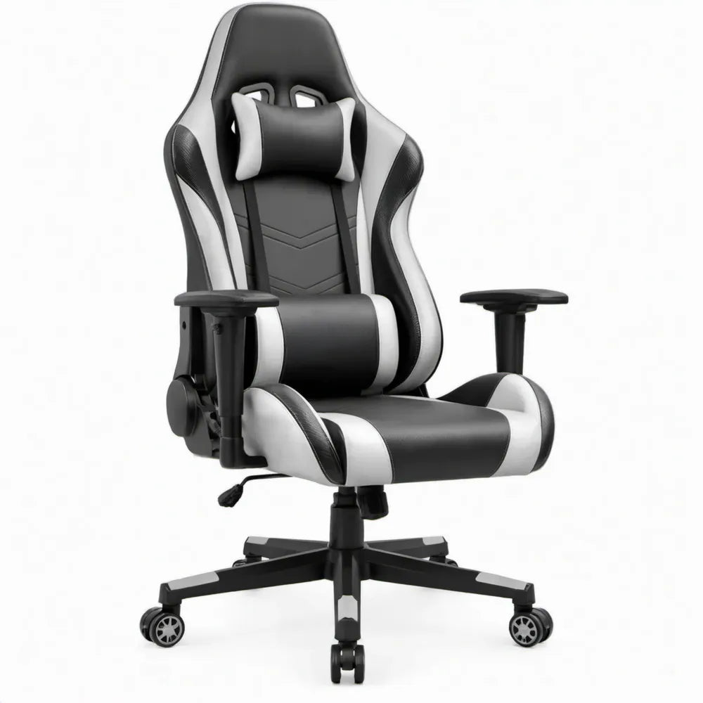 Ergonomische verstelbare gamingstoel met hoofd- en lendenkussen, zwart/wit, 65 x 65 x 120-130 cm