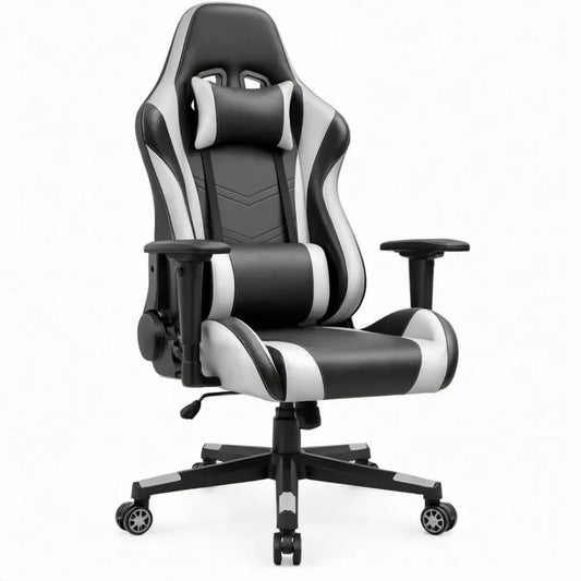 Ergonomische verstelbare gamingstoel met hoofd- en lendenkussen, zwart/wit, 65 x 65 x 120-130 cm