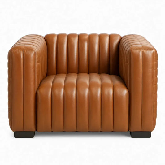 Cognacbruine fauteuil met geribbelde PU-kunstleren bekleding, 95 x 85 x 75 cm