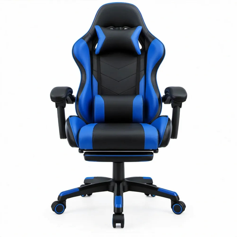 Gamingstoel met hoge rugleuning en hoofdsteun, zwart/blauw, 65 x 65 x 122-132 cm