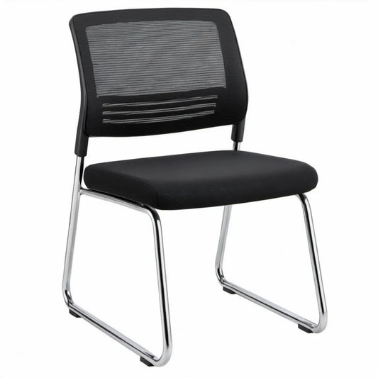 Zwarte vergaderstoel met sledeframe, mesh rugleuning en verchroomd staal, 54 x 58 x 85 cm