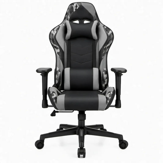 Verstelbare gamingstoel met hoofd- en lendenkussen, zwart/grijs camouflage, 66 x 65 x 124-134 cm