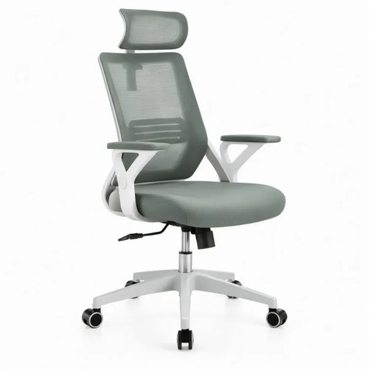 Ergonomische bureaustoel met hoofdsteun, grijs/wit/zwart, 64 x 64 x 118-128 cm